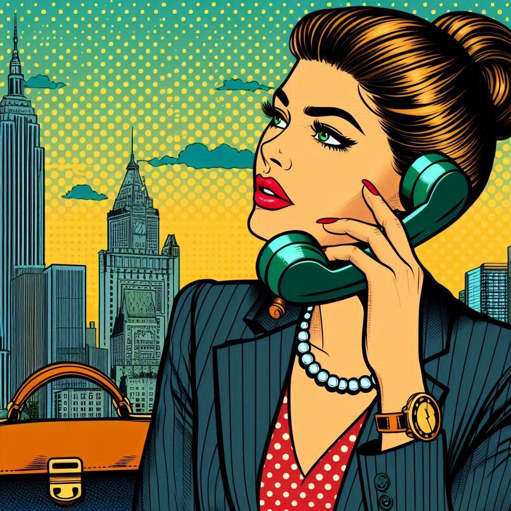 pop art style image of a female lawyer on the phone in the city